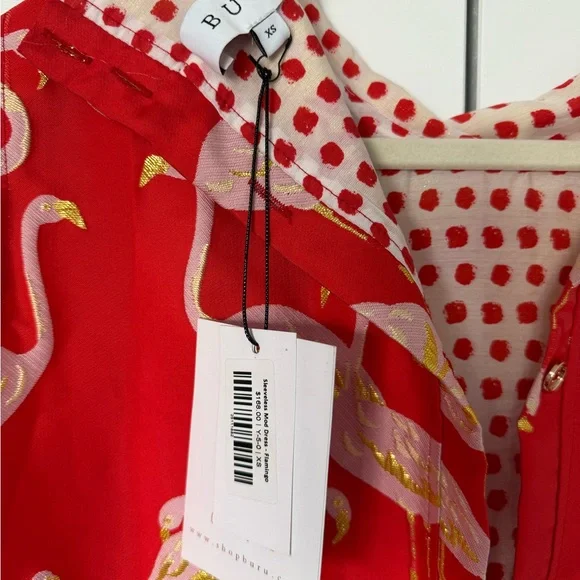 Flamingo Print Red Mini Dress Back Buttons Gold Accents Buru NWT - Picture 4 of 9